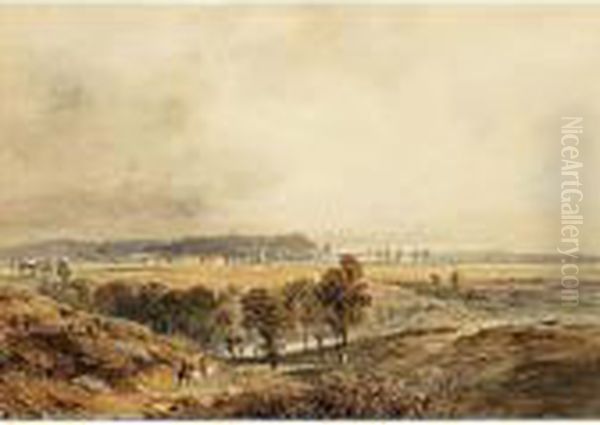 Horsemen In A Panoramic Summer Landscape Oil Painting by Andreas Schelfhout