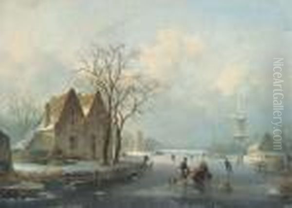 Winter Skating Oil Painting by Andreas Schelfhout