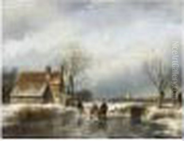 Skaters On A Frozen Waterway, A Village In The Distance Oil Painting by Andreas Schelfhout