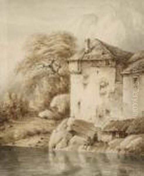 Angler Vor Einem Schloss Am
 Gebirgssee. Oil Painting by Andreas Schelfhout