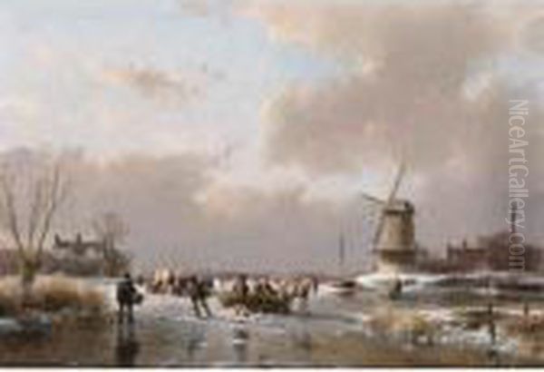 Skaters On A Frozen River Near A 'koek En Zopie' Oil Painting by Andreas Schelfhout