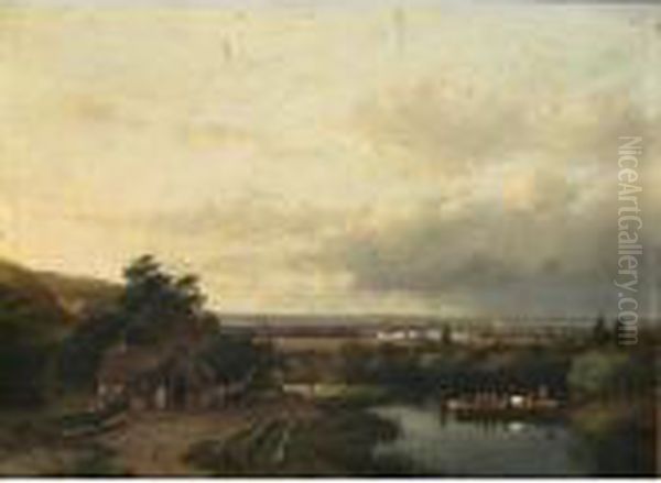 A Summer Landscape With A Ferry Oil Painting by Andreas Schelfhout