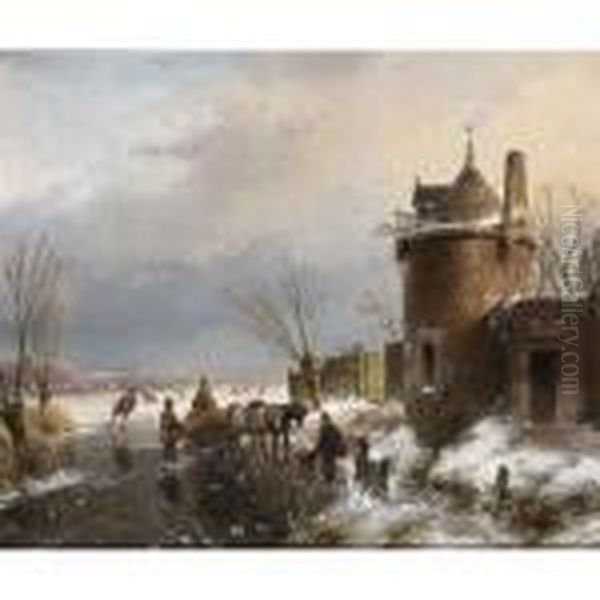 Figures With A Horse Sledge On The Ice, A Town In The Distance Oil Painting by Andreas Schelfhout