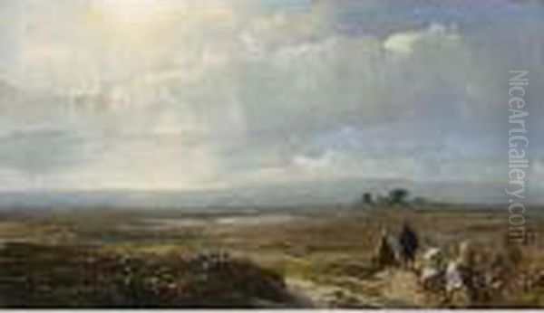 Travellers In An Extensive Landscape Oil Painting by Andreas Schelfhout