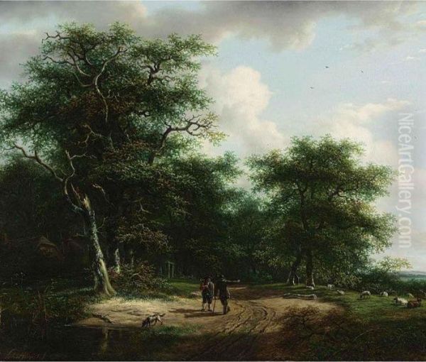 Two Figures In A Summer Landscape Oil Painting by Andreas Schelfhout