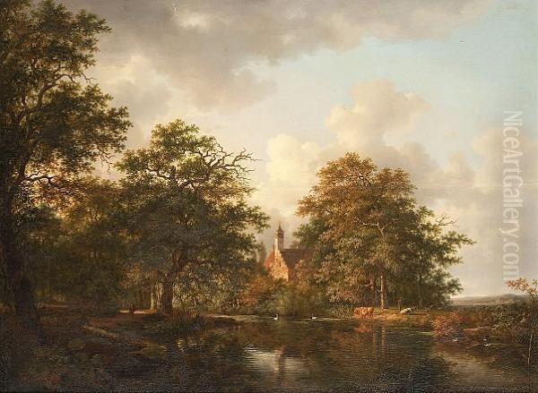 Figures And Cattle Beside A Lake In A Wooded Landscape Oil Painting by Andreas Schelfhout