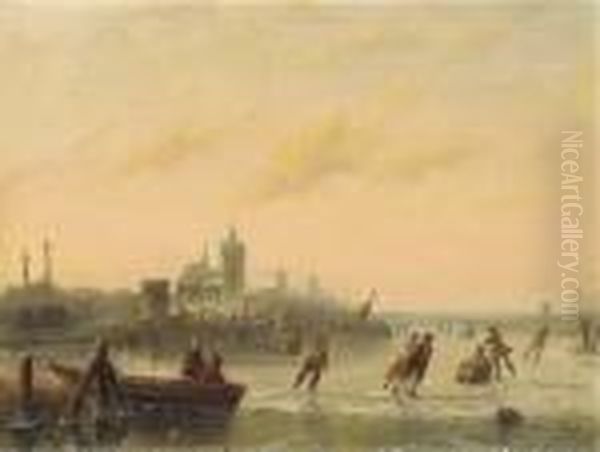 Winter Skaters On The Lake Oil Painting by Andreas Schelfhout