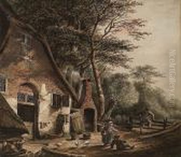 Figures Outside A Farmstead Oil Painting by Andreas Schelfhout