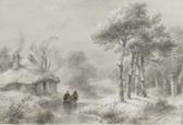 A Wooded Winter Landscape With Figures By A Cottage Oil Painting by Andreas Schelfhout