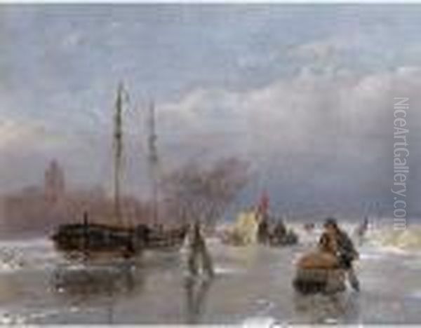 Skaters On The Ice With A Koek En Zopie In The Distance Oil Painting by Andreas Schelfhout