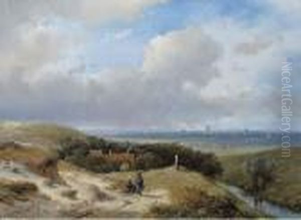 A Panoramic Summer Landscape With Travellers Resting In The Dunes Oil Painting by Andreas Schelfhout