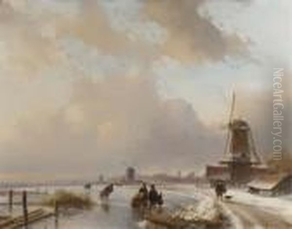 Skaters On The Ice By Windmills, A Koek And Zopie In The Distance Oil Painting by Andreas Schelfhout