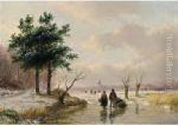 A Winter Landscape With Figures On A Frozen River Oil Painting by Andreas Schelfhout