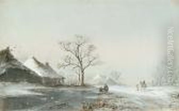 Figures In A Winter Landscape Oil Painting by Andreas Schelfhout