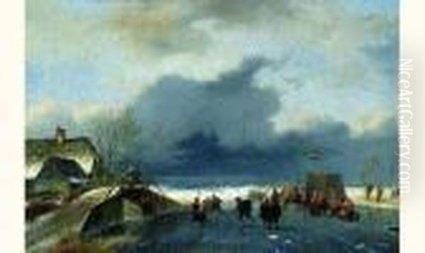 Scene De Patinage Oil Painting by Andreas Schelfhout