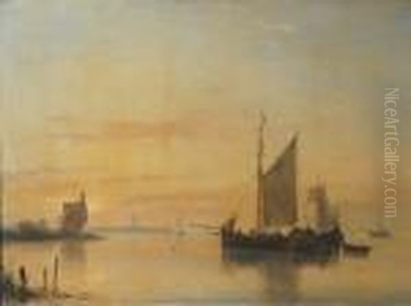 A Calm: Sailing Vessels At Anchor On The Merwede River With Dordrecht Beyond Oil Painting by Andreas Schelfhout