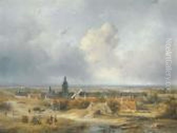 Summer In Holland: A Panoramic View Of A Village In The Dunes Oil Painting by Andreas Schelfhout