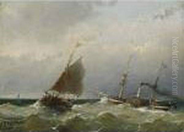 A Steamship At Sea Oil Painting by Andreas Schelfhout