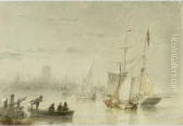 Ships On The Merwede Near Dordrecht Oil Painting by Andreas Schelfhout