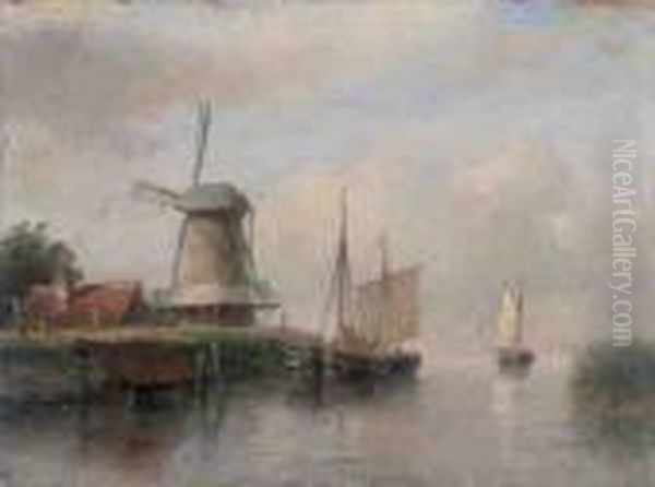 Dutch Boats Moored On A River Beside A Windmill Oil Painting by Andreas Schelfhout