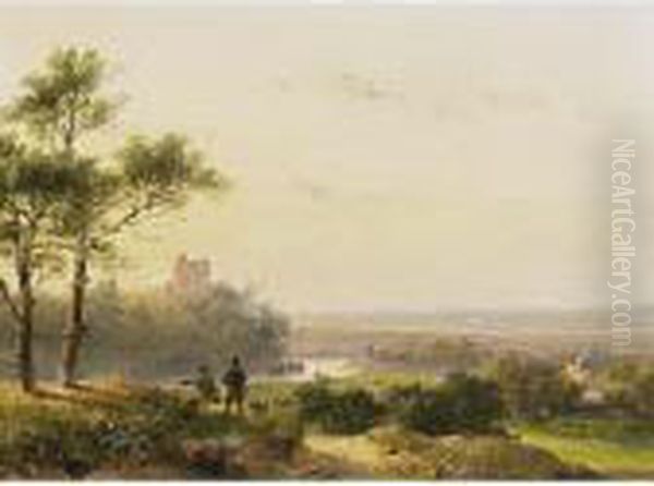 A Panoramic River Landscape In Summer With Travellers At Rest Oil Painting by Andreas Schelfhout