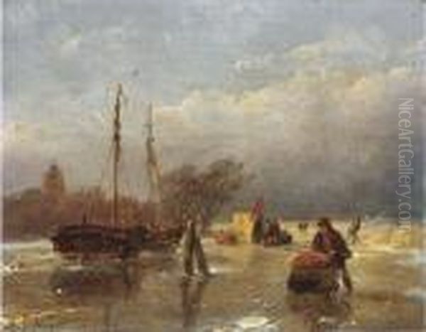 Skaters On A Frozen Waterway, A Koek En Zopie Beyond Oil Painting by Andreas Schelfhout