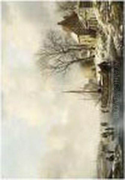 A Winter Landscape With Figures By A Boat On A Frozen Waterway Oil Painting by Andreas Schelfhout