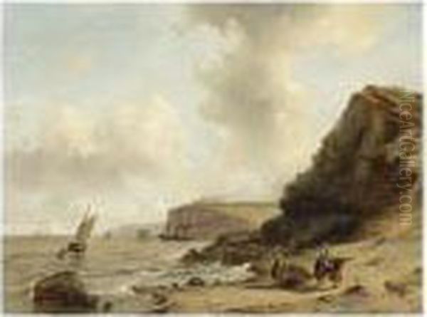 A Coastal Scene With Fisherfolk Oil Painting by Andreas Schelfhout