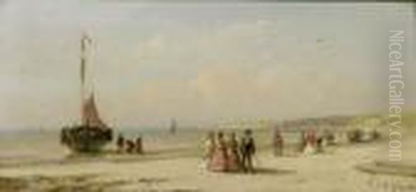 Elegant Company On The Beach Of Scheveningen Oil Painting by Andreas Schelfhout