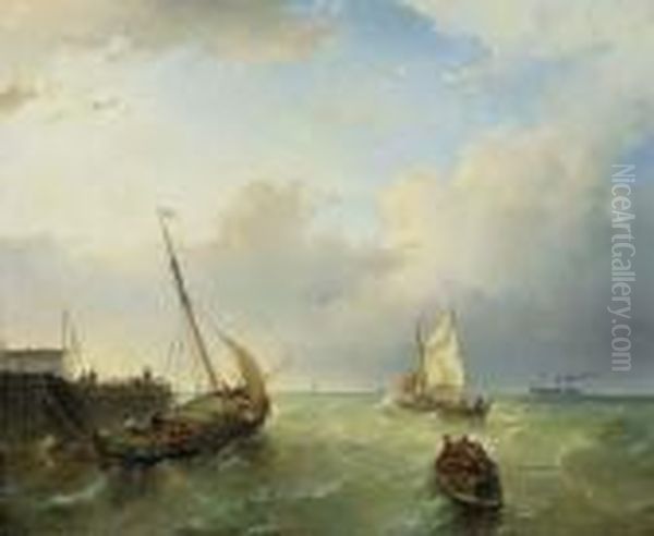 Shipping In Stormy Water Oil Painting by Andreas Schelfhout