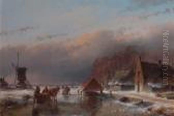 A Winter Landscape With Skaters On A Frozen Waterway By A Windmill Oil Painting by Andreas Schelfhout