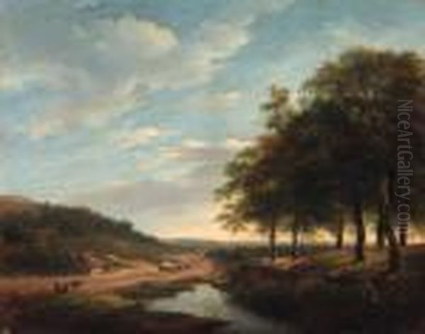 An Extensive Summer Landscape With Travellers And A Hay-wagon On A Sandy Track Oil Painting by Andreas Schelfhout