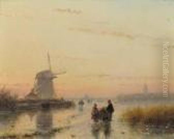 A River Landscape In Winter At Dusk Oil Painting by Andreas Schelfhout