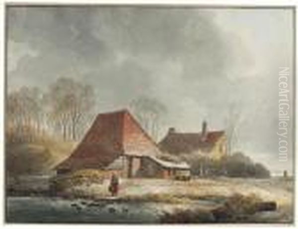 A Farm With A Woman By A Frozen Pond In Winter Oil Painting by Andreas Schelfhout