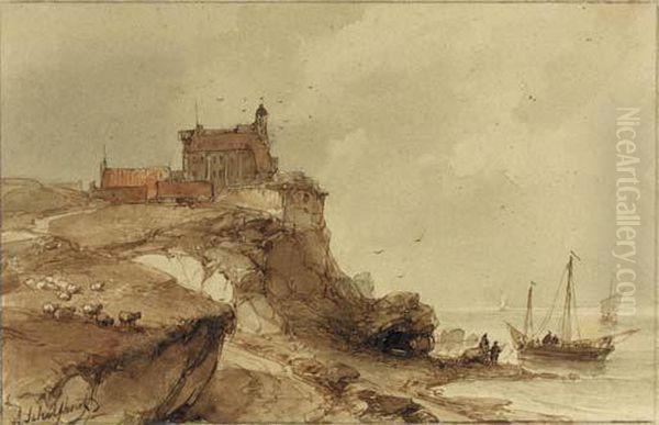 A Village With A Church On A Rocky Coast, Fishermen On The Beachnearby Oil Painting by Andreas Schelfhout