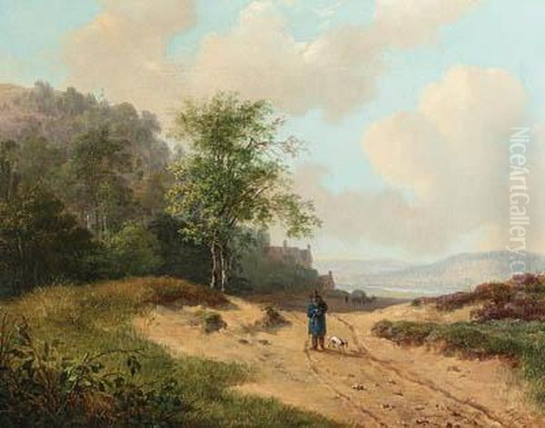 A Summer Landscape With A Traveller And Dog On A Sandy Track Oil Painting by Andreas Schelfhout