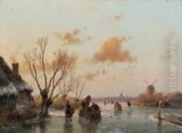 Skaters And A Horse-drawn Sledge On A Frozen Waterway At Dusk Oil Painting by Andreas Schelfhout