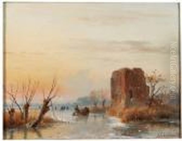 A Sunny Winter's Day With Skaters By A Fortified Ruin Oil Painting by Andreas Schelfhout