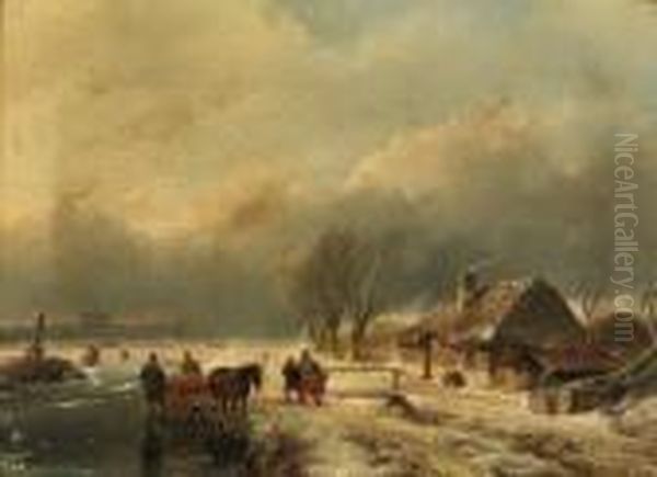 A Winter Landscape With A Horse-drawn Sledge On A Frozenwaterway Oil Painting by Andreas Schelfhout