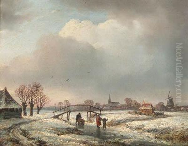 A Winter Landscape With Peasants Skating By A Wooden Bridge Oil Painting by Andreas Schelfhout