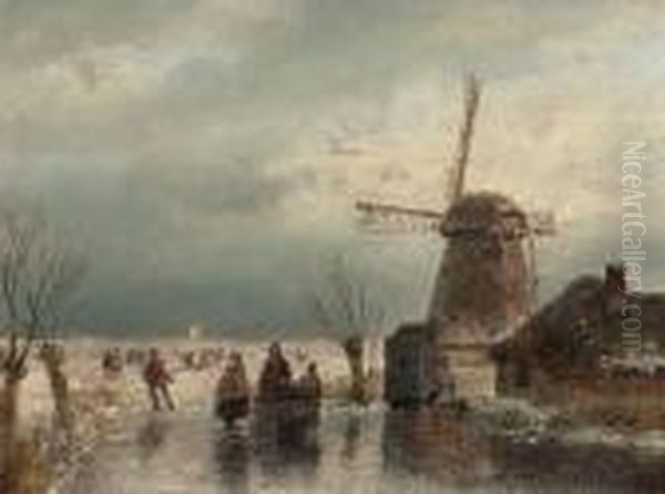 Skaters On A Frozen Waterway Oil Painting by Andreas Schelfhout