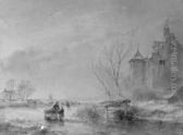 Skaters On A Frozen Waterway Near A Fortified Mansion Oil Painting by Andreas Schelfhout