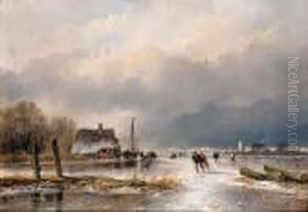 A Winter Landscape With Skaters On A Frozen Waterway Oil Painting by Andreas Schelfhout