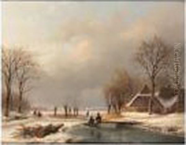 A Winter Landscape With 
Sportsmen Conversing On The Ice, A Peasantcouple On A Path And Farms 
Beyond Oil Painting by Andreas Schelfhout