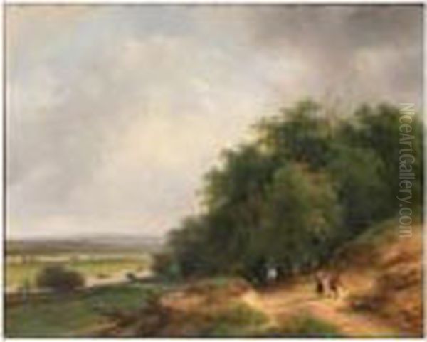 An Extensive Wooded Summer 
Landscape With A Man On A Horseback Andtravellers On A Sloping Sandy 
Track Oil Painting by Andreas Schelfhout