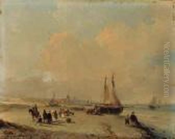 Elegant Figures On The Beach Welcoming The Fleet, With Scheveningenbeyond Oil Painting by Andreas Schelfhout