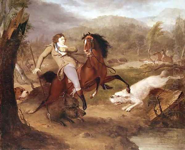 A Boar Hunt Oil Painting by Charles Henry Schwanfelder