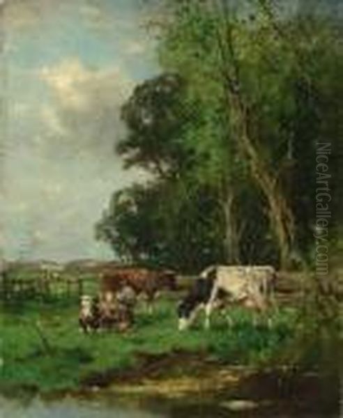 Cattle By A Stream Oil Painting by Johan Frederik Corn. Scherrewitz