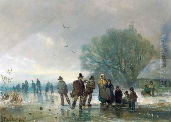 A Skating Party Oil Painting by Adolf Stademan