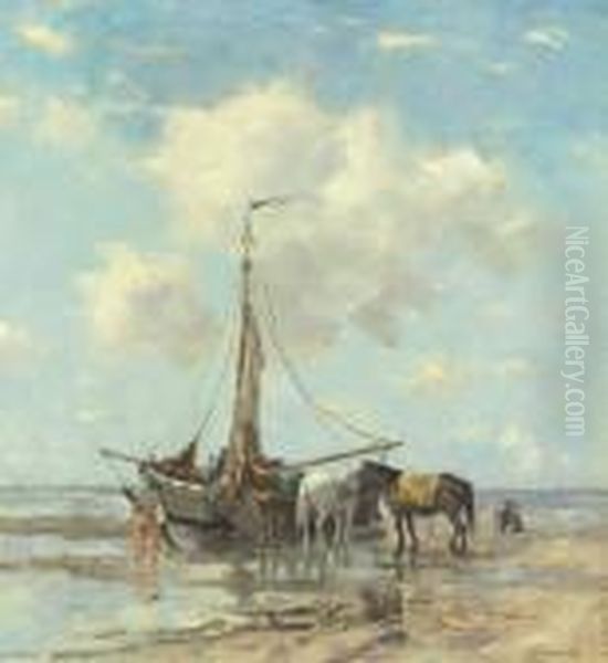 Shellfishers At Low Tide Oil Painting by Johan Frederik Corn. Scherrewitz